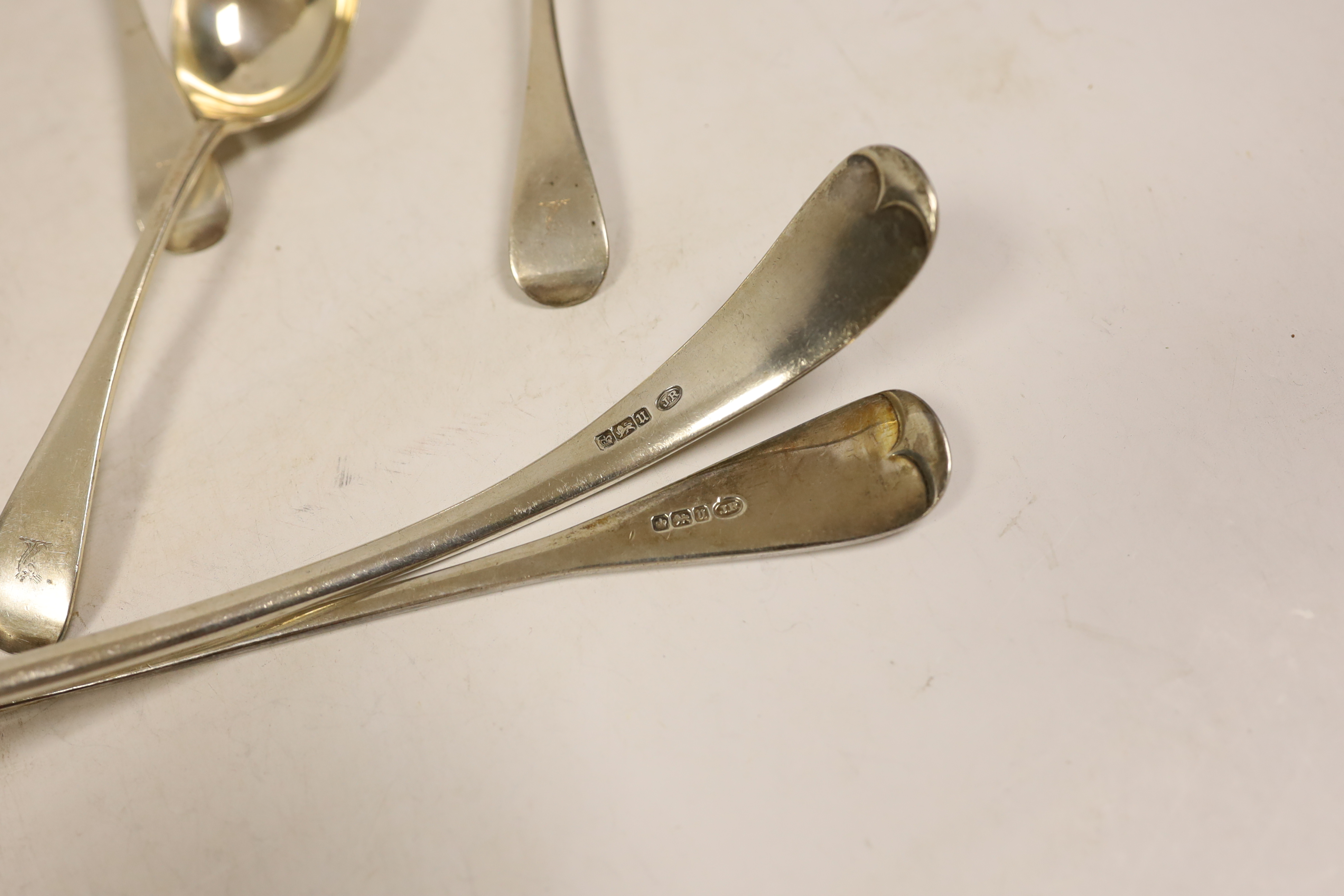 A George V silver Old English pattern soup ladle, basting spoon and set of six soup spoons, John Round & Sons, Sheffield, 1912, together with a pair of silver sifter spoons, same maker, 27.3oz.